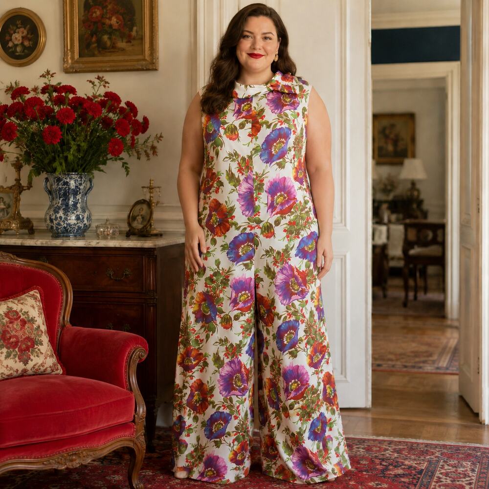 70s Floral Palazzo, Poppy Wide Leg Jumpsuit, Bold Mod Boho Flower Power - XXL